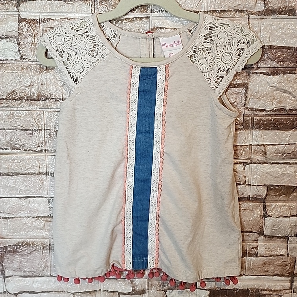Lilly Wicket  Lace Sleeve Blouse with Blue and Pink Accents